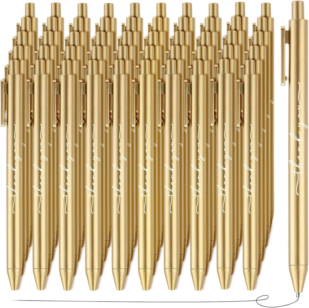 50pcs Thank You Pens Bulk Cute Multicolor Ballpoint Pen for Server Employee Appreciation Gifts for Wedding Guest Teacher Coworker Office Staff Team Nurse Baby Shower Party Supplies (Gold)