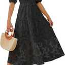 ZESICA Women's 2024 Summer Short Puff Sleeve Crewneck Smocked Floral Lace Flowy A Line Tiered Maxi Dresses, Black, X-Large