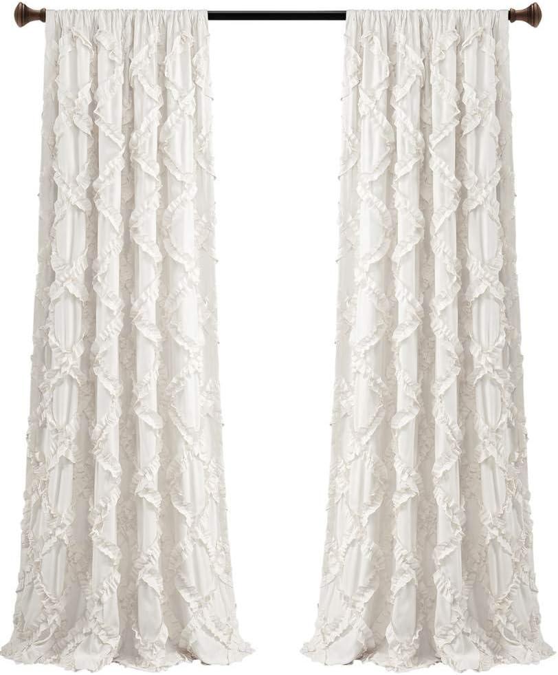 Lush Decor Ruffle Diamond Curtains Textured Window Panel Set for Living, Dining Room, Bedroom (Pair), 95” x 54”, White