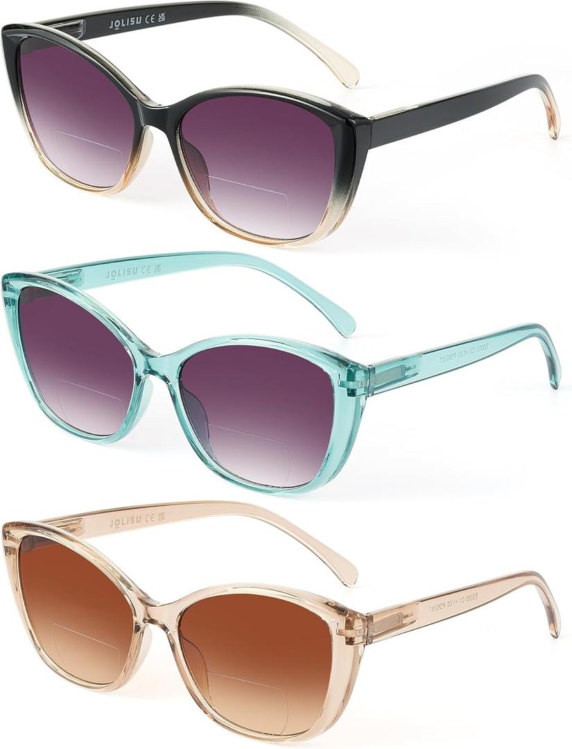 JOLISU 3 Pack Bifocal Reading Sunglasses for Women, 2 IN 1 Sun Readers Glasses Spring Hinge with UV400 Protection