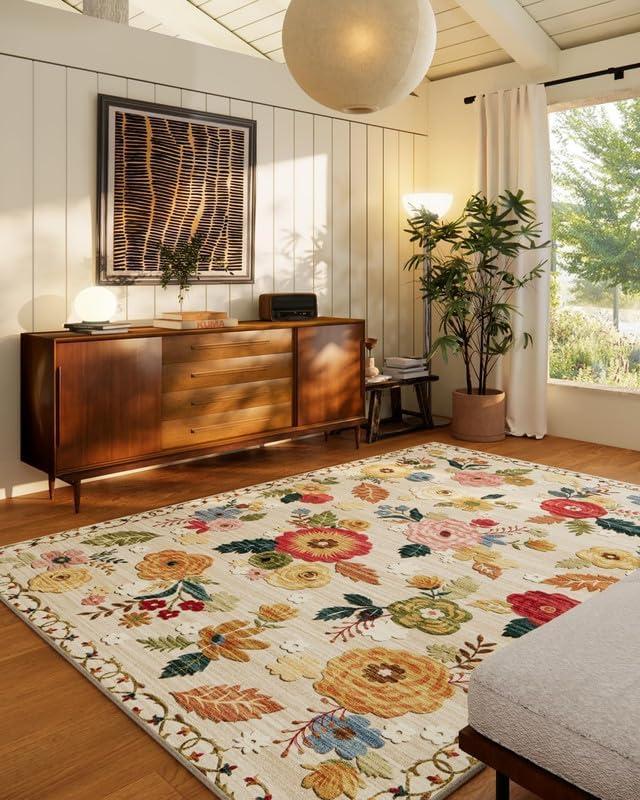 9x12 Area Rug for Living Room: Washable Rug Non Slip Low Pile Soft Faux Wool Non Shedding Distressed Vintage Floral Large Area Rugs for Bedroom Dining Room Kitchen Nursery Under Table Farmhouse Office,  Beige Floral
