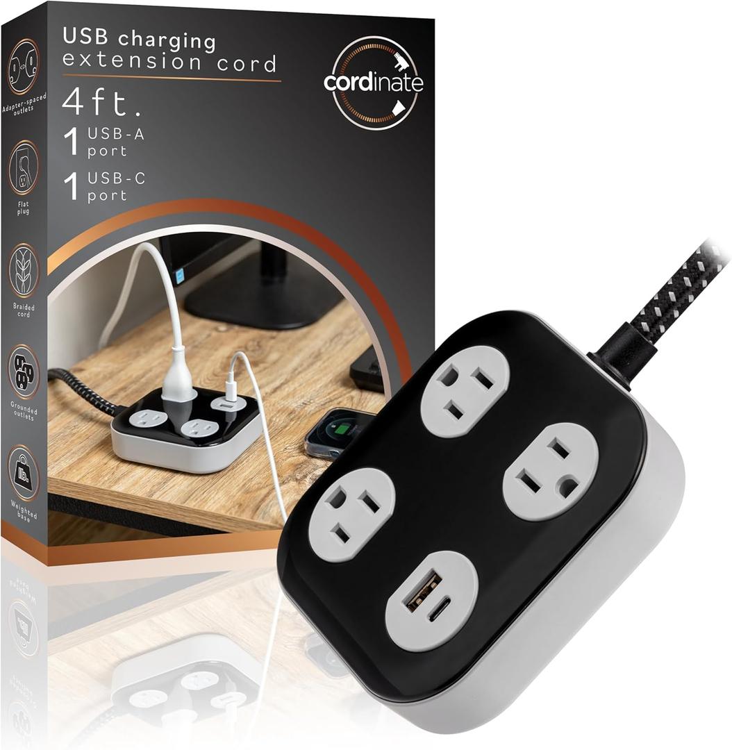 Cordinate Adapt 3 Outlet Surge Protector, 4 Ft Power Strip Extension Cord, USB Port, USB-C Port, for Home, School or Office, 245 Joules, ETL Listed, Black/Gray  82574