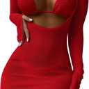 Lilosy Sexy Long Sleeve Mesh Swimsuit 3 Pieces Cover Up Bikini Set (Medium, Smocked Red)