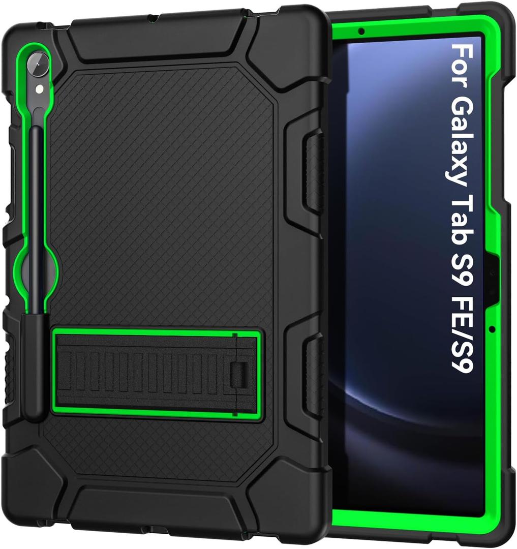Cantis Case for Samsung Galaxy Tab S10 FE/ S9 FE 5G 10.9 Inch/Galaxy Tab S9 11 Inch 2023, Heavy Duty Shockproof Tablet Case Support S Pen, Black+Green+Black