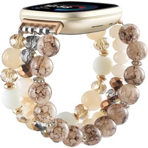 CAGOS Bracelet Compatible with Fitbit Versa 4 Bands/3/Sense/Sense 2 for Women, Handmade Beaded Elastic Replacement Wristband for Versa 2/1/Lite Watch/Special Edition Watch (Amber Brown)