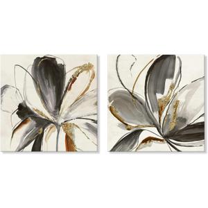 7CANVAS Grey and White Flowers Canvas Wall Art Watercolor Floral with Gold Print Picture Modern Abstract Flower Painting for Living Room Bedroom Ready to Hang 24x24Inchx2pcs