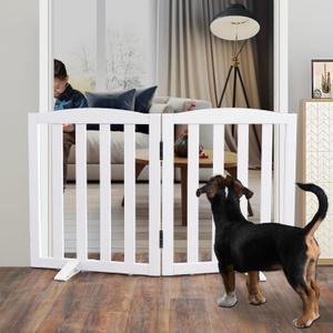 ZJSF Foldable Freestanding Indoor Dog Gate for House Wood White Long Pet Gates Dog Fence for Stairs Puppy Gates for Hallways,Pet Fence, Puppy Gate,Support Feet Included 24 "Height-2 Panels ZJSF Foldable Freestanding Indoor Dog Gate for House Wood White Long Pet Gates Dog Fence for Stairs Puppy Gates for Hallways,Pet Fence, Puppy Gate,Support Feet Included 24 "Height-2 Panels