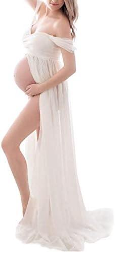 ZIUMUDY Maternity Off Shoulder Chiffon Gown for Photoshoot Split Front Lace Maxi Dress for Photography size S
