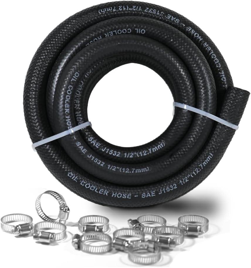 1/2 Transmission Oil Cooler Hose 10FT J1532 Fuel Line Hose 300PSI High Pressure, Includes 10 Clamps for Leak-Free Fit (-40F to 302F) Perfect for Power Steering & Hydraulic Systems