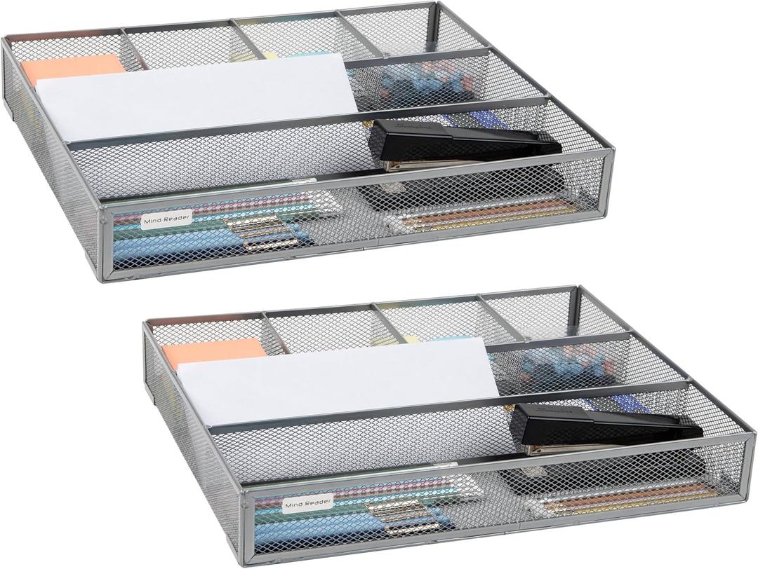 Mind Reader Drawer Organizer, Desk, Utensil Organizer, Office, Kitchen, Metal Mesh, 15" L x 12" W x 2.25" H, Set of 2, SIlver