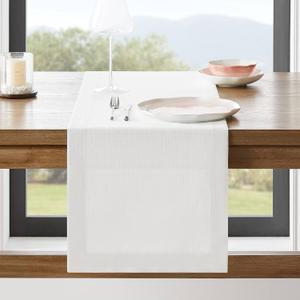 ZeeMart Linen Textured Border Table Runner, 14 x 60 Inch White, Farmhouse Style White Table Runners 60 Inches Long, Easy Care Everyday Polyester Table Runner