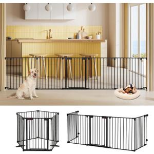 AGESISI Freestanding Dog Gates with Door Walk Through, Extra Wide Doggy Door 125" W x 29" H Pet Gate Safty 5 Panels Dog Fence for Stairs, Doorways (Black)