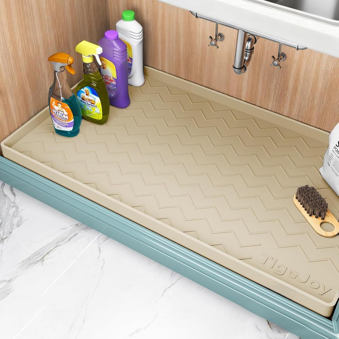 TigeJoy 34" x 22" Under Sink Mats for Kitchen Waterproof, Leak-Proof Silicone Mat Sink Protector and Cabinet Liner, Kitchen Essentials Organizer and Storage, Boot or Shoe Tray, Pet Feeding Mat (Beige)