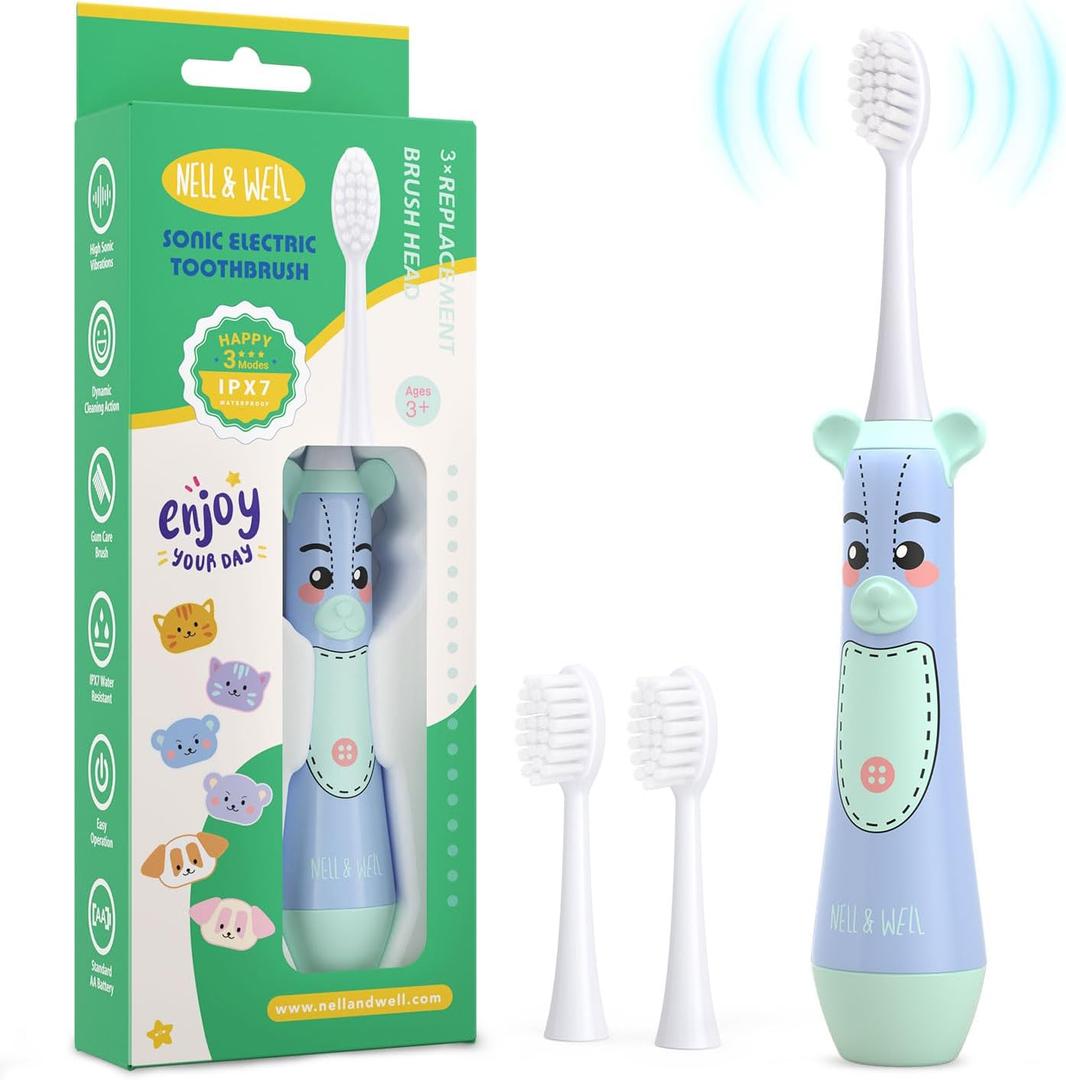 NELL&WELL Kids Electric Toothbrush, 2-Min Timer, 3 Modes with Memory, IPX 7 Waterproof, Battery Powered Kids Toothbrush with 3 Soft Bristles Heads for Children Boys Girls Ages 3+ - Blue Bear II