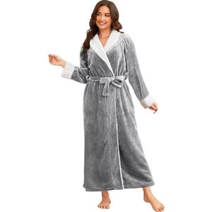 Hellomamma Premium Long Robes for Women-Super Plush Soft Fleece Bathrobes (Gray, M)