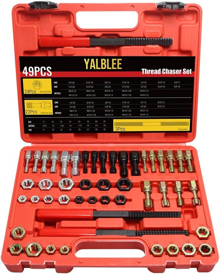 49 PCS Thread Chaser Set Thread Repair Kit Tool Set, UNC UNF & Metric Thread Cleaner with Taps, Dies, and Files, Rethreading Repair for Automotive Wheel Stud Spark Plug Engine Standard Screw
