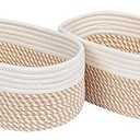 CubesLand Small Storage Baskets for Shelves, Closet Organization Bins Empty Gift Basket 2 Packs Baby Nursery Woven Organizing, Rectangular Clothes Shelves Off White/ Mixed Camel