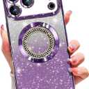 Misscase for iPhone 17 Pro Max Magnetic Glitter Case Compatible with MagSafe, Full Protection Slim Shockproof Anti-Scratch Case with Camera Lens Protector Plating Bling Dust-Proof Net Purple