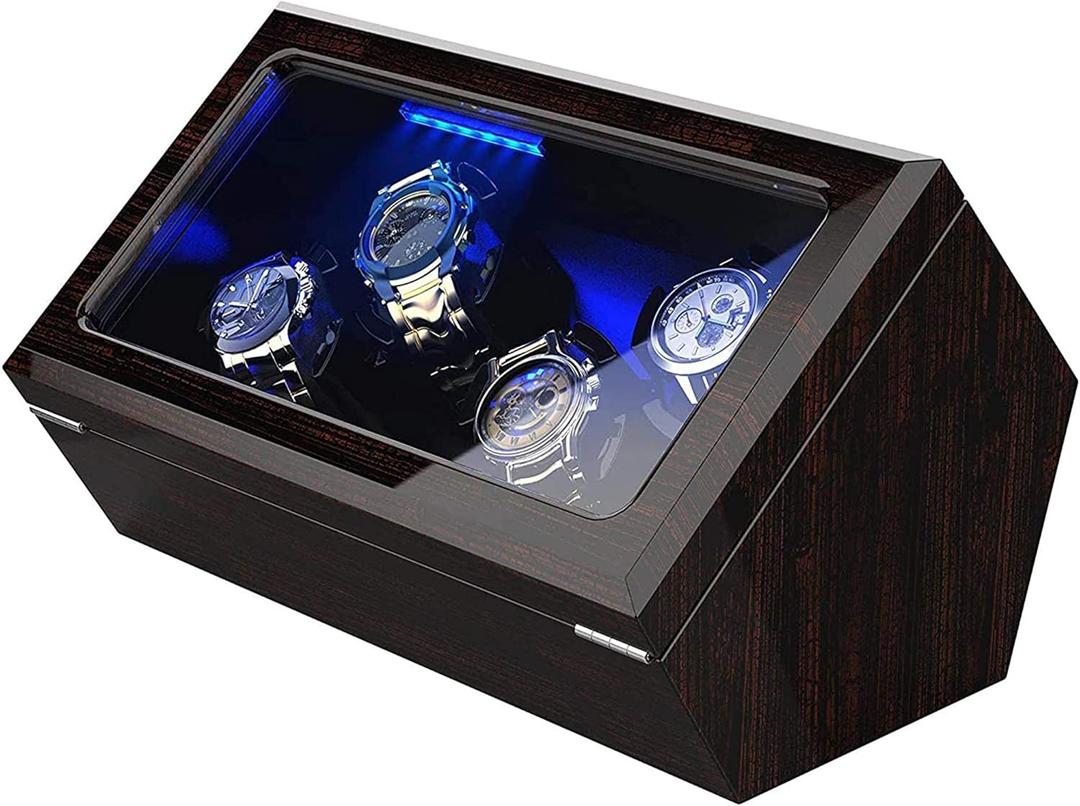 High End Watch Winder for Automatic Watches with Super Quiet Motor, Blue LED Light & Rotation Mode Setting, Watch Winder for Rolex with Flexible Pillow, Dual Power