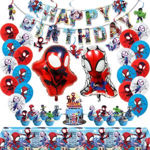 Spidey Birthday Decorations, Party Supplies Set Include Banner, Balloons, Hanging Swirls, Cake Cupcake Toppers, Tablecloth for Boys Girls Spidey Theme Party