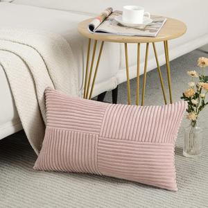 Fancy Homi Blush Pink Lumbar Decorative Throw Pillow Covers 12x20 Inch for Living Room Couch Bed, Rustic Farmhouse Boho Home Decor, Soft Striped Corduroy Rectangle Accent Cushion Case 30x50 cm