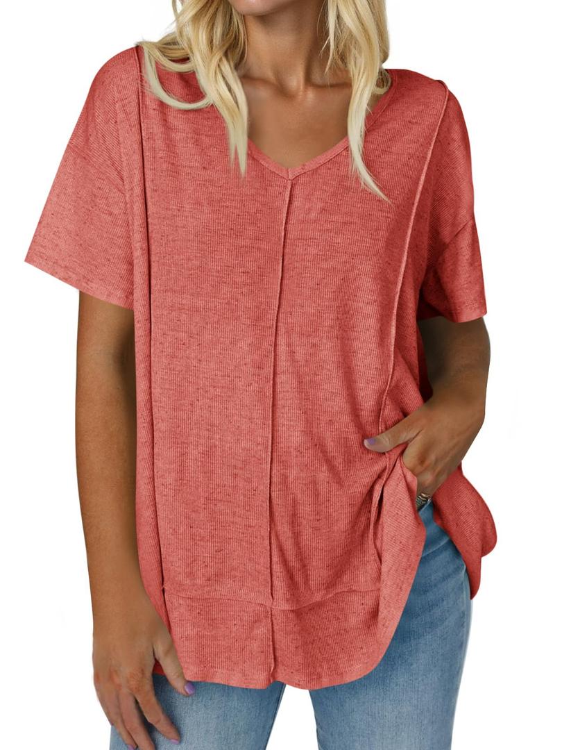 Tankaneo Womens Oversized Tshirts Knit V Neck Short Sleeve Tunic Tops Summer Casual Loose Fit Tee Shirts Orange Red (Red)