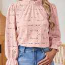 SOFIA'S CHOICE Women's Lace 3/4 Sleeve Shirts Crochet Eyelet Crew Neck Dressy Blouse Sheer Top (Pink, L)