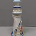 Puzzled COTA Global Light Blue Stripes Lighthouse Decor - Handmade and Crafted Wooden Lighthouse Decoration with Starfish, Decorative Beach Style Tabletop Centerpiece  11.5 Inch