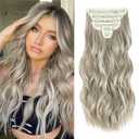 Hair Extensions Clip ins, 6 PCS Wavy Extensions, Light Gray&Ash Blonde&Light Brown Thick Hair, Blends Well Hair Extensions (24Inch, 6PCS, Ash Blonde)