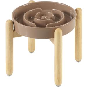Havniva Ceramic 1.6 Cup Raised Slow Feeder Dog Bowl Set, Elevated Wooden Stand for Medium and Large Dog, 8.2inch Puzzle Slow Dish, Anti-Gulping(Brown Coffee, Single Bowl+ Stand)