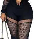 WEICHUJIAN Women Sexy See Through Womens Jumpsuit Outfits Mesh Hollow Out Crop Top Bodycon Long Sleeve Rompers (Black, Small/Medium)