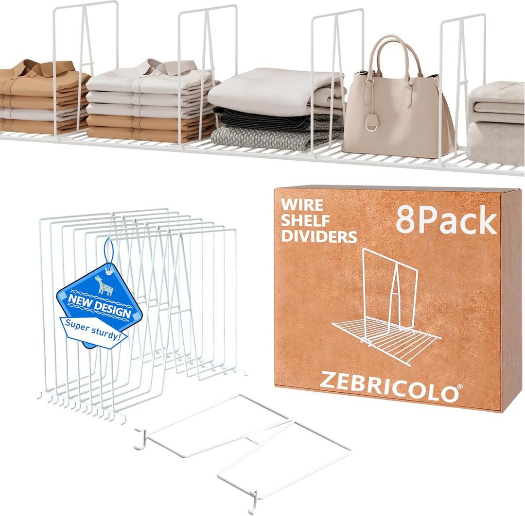 shelf dividers, create 40% more closet space, Set of 8, 12 inch wire shelf dividers, closet organizers and storage, supremely sturdy, closet shelf organizer, Will not break, closet dividers, No Tool, White
