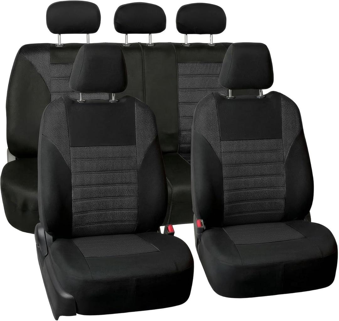 FH Group Automotive Car Seat Covers Full Set Premium 3D Air Mesh Front Seat Covers, Airbag Compatible & Split Bench Cover Universal Fit Interior Accessories for Cars Trucks and SUVs - Black
