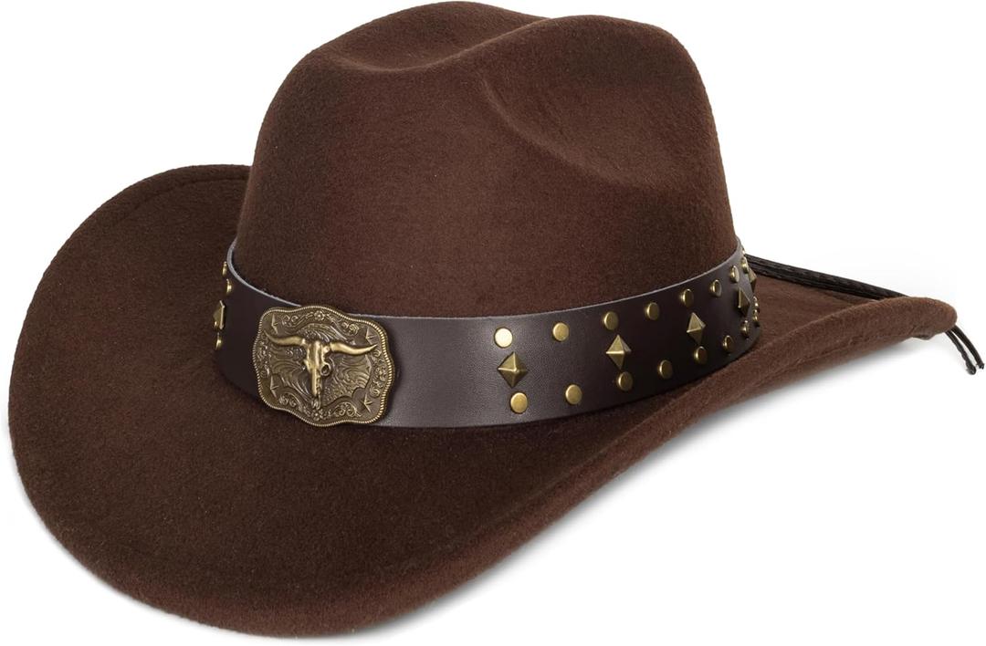 Eohak Womens Western Cowboy Hats Studded Pinched Western Cowgirl Hats Wide Brim Fedoras Hat with Belt Buckle (Size:Medium) (Brown, M)