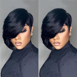 VRZ Pixie Cut Wigs for Black Women Side Part Chic Elegent Short Layered Pixie Cut Human Hair Wig With Bangs Full Machine Made wigs Human Hair Glueless Wear and Go
