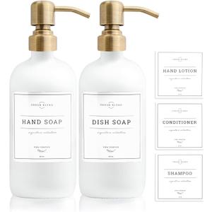 Vine Creations White Glass Soap Dispenser, 2 Pack Kitchen Soap Dispenser Set with Stainless Steel Pump, 16 oz Dish Soap and Hand Soap Dispensers for Bathroom with Waterproof Labels (Matte White Bottle / Brushed Brass Pump)