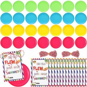 Soulchen 28 Sets Back to School Student Gifts Bulk 28 Flying Disc 3.4 Inch Colorful Mini Disc Flyer Toys 28 Summer Gift Cards and 2 Ropes for Kids Classroom School Graduation End of Year Gifts