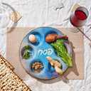 Rite Lite Blue Marble Design Glass Seder Plate for Passover Elegant Round Design with Gold Accents, Hebrew & English Food Labels, Handcrafted 12" Glass Seder Plate, Perfect Pesach Gift