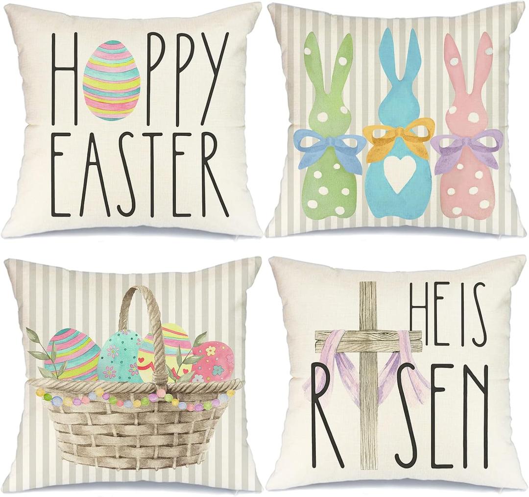 GEEORY Happy Easter Throw Pillow Covers 16x16 Set of 4 Bunny He is Risen Cross Eggs Spring Home Decor for Couch G261-16 (Multicolor)