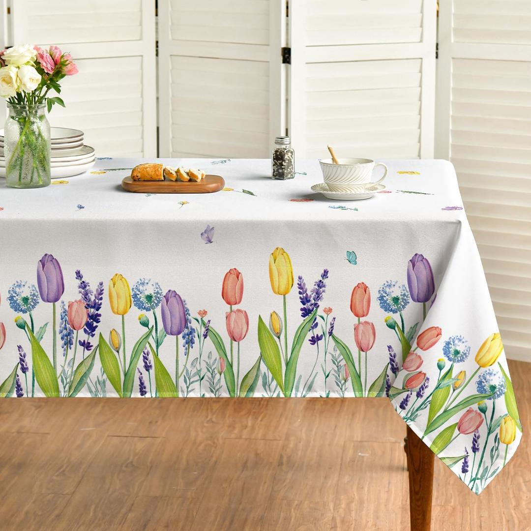 Horaldaily Spring Summer Tablecloth 60x84 Inch, Easter Watercolor Wild Flowers Tulip Lavender Blooming Floral Table Cover for Party Picnic Dinner Decor (White)