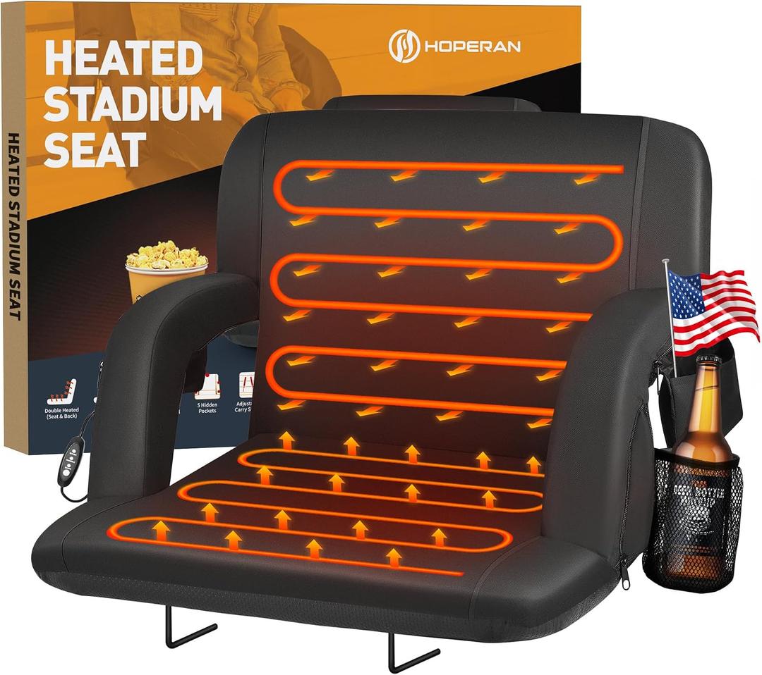 HOPERAN Heated Stadium Seats for Bleachers with Back Support Wide Cushion, Extra Portable Bleacher Seat Foldable Stadium Chair, USB 3 Levels of Heat, Pockets for Outdoor Indoor Sports 23" Black 1pc