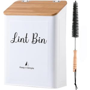 SUBEKYU Magnetic Lint Bin for Laundry Room, Wall Mounted Metal Lint Box Holder with Lid for Dryer,Laundry Room Organization and Storage,Bamboo Lid Lint Basket,White