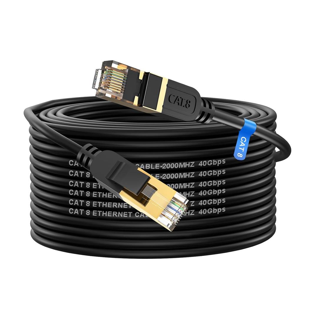 Cat 8 Ethernet Cable, 50FT High Speed Heavy Duty 26AWG Cat8 LAN Network Cable 40Gbps, 2000Mhz with Gold Plated RJ45 Connector, Outdoor&Indoor Internet Cable Compatible for Router Gaming Modem Xbox