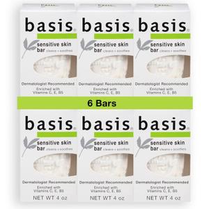 Basis Sensitive Skin Bar Soap for Body, Hands and Face, Unscented Soap Bar for Sensitive Skin with Chamomile and Aloe Vera, 4 Oz, Pack of 6 (4 Ounce (Pack of 6))