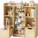 Toy Storage Organizer with Stuffed Animal Storage, Solid Pine Wooden Toy Organizer & Stuffed Animal Zoo, 4 Cubes Shelf with 2 Movable Drawers, 4 -in-1 Book Shelf for Kids Room, Playroom, Nursery