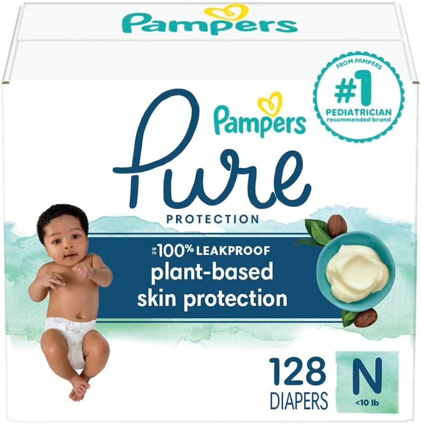 Pampers Pure Protection Baby Diapers, Size 0 (10 lbs ), 128 Count, Up to 100% Leakproof, Premium Plant-based Skin Protection, Hypoallergenic Soft Diapers (Newborn)