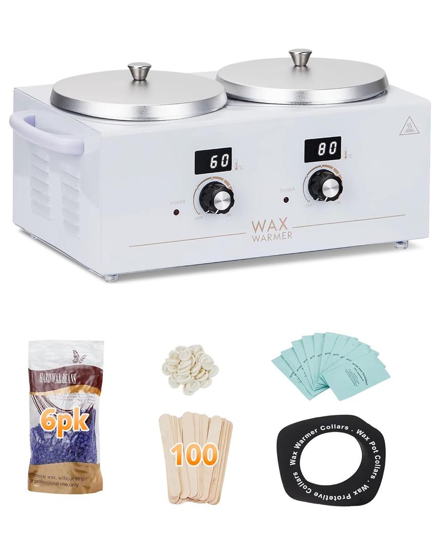 Double Wax Pot Warmer Professional - At Home Waxing Kit Digital For All Hair Types - Eyebrow, Facial, Bikini etc. (White Double Pot)