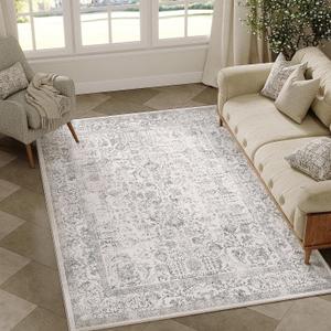 Area Rug 3x5Machine Washable Vintage Living Room Distressed Non Slip Carpet Traditional Indoor Bedroom Grey Retro Floral Accent Throw Large Rug for Office Kitchen Bathroom Dining Room