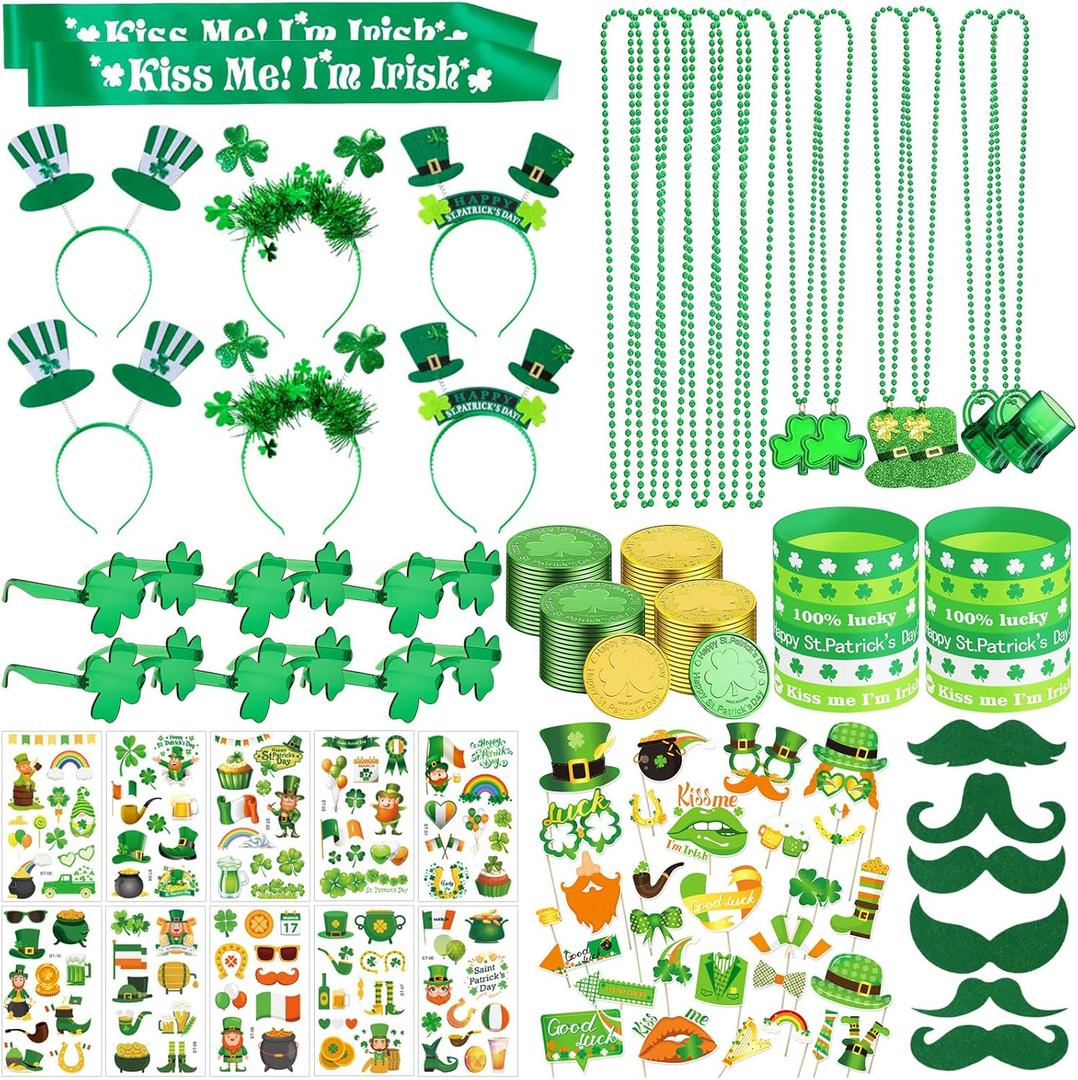 210Pcs St. Patrick's Day Accessories Decorations Bulk Party Favors Set Necklaces Bracelets Shamrock Glasses Headbands Photo Props Mustaches Coins Tattoo Stickers Irish Sash
