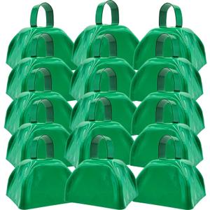 15 Pack Metal Cowbells 3 Inch Green Cow Bells Noise Makers Loud Cow Bell with Handles, Small Cowbell Hand Percussion Cowbells for Sporting Events, Cheering, Football Games, Weddings